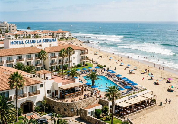 Hotel Club La Serena resort with pool, palm trees, beach umbrellas, and ocean view