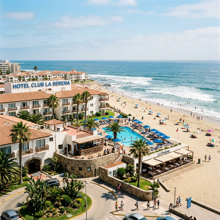 Hotel Club La Serena resort with pool, palm trees, beach umbrellas, and ocean view